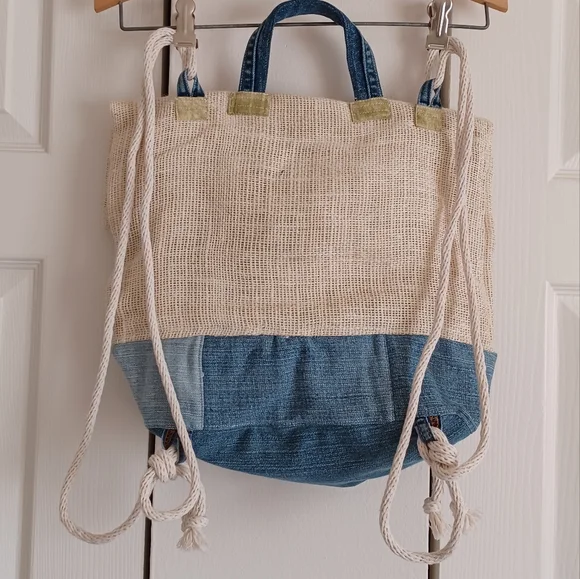 Handmade and Designed Denim and Burlap Backpack, Rucksack, Unique, Upcycled - Picture 3 of 10
